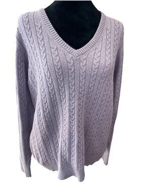 Eddie Bauer Heather Lavender Cable Knit V-Neck Sweater ladies XL cotton angora